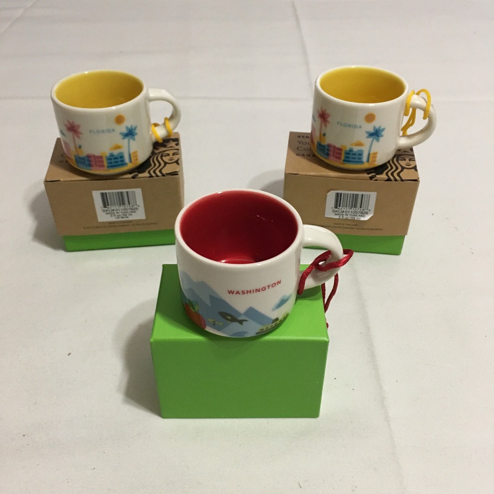 Lot of 3 Starbucks You Are Here Collection Ornaments Mug 2 oz Florida Washington
